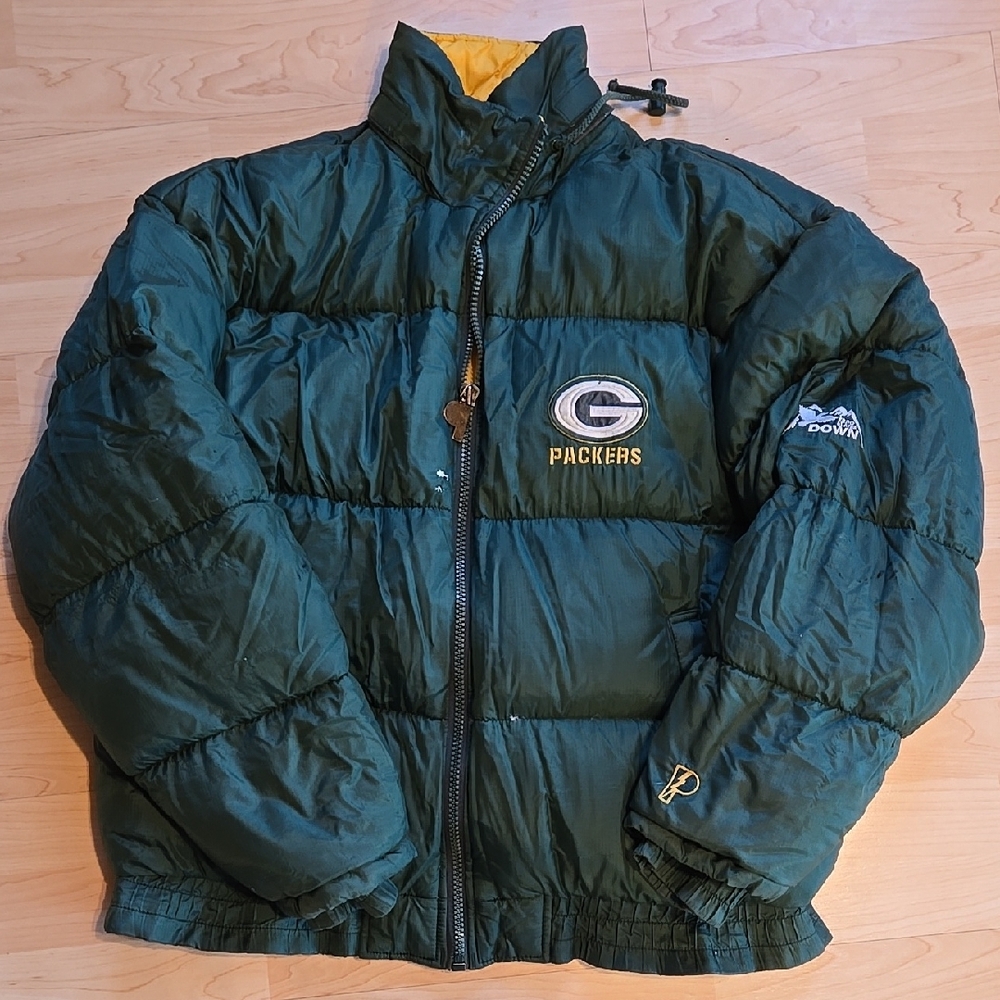 Vintage Pro Player Down Green Bay Packers NFL Puffer Jacket XL Green Yellow
